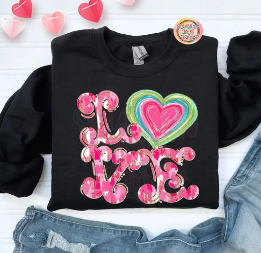 LOVE with Multicolor Heart in Curly Cue Font